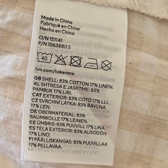 H&M Beige Gingham Puff Sleeve Mini Dress XL Ruched Bust Cottagecore Square Neck - Picture 8 of 9